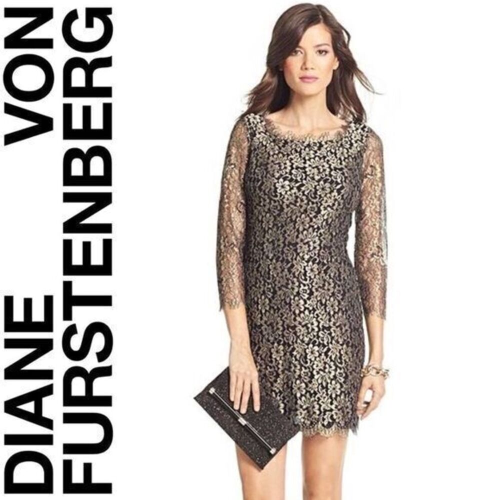 DIANE VON FURSTENBERG Gold lace Zarita Shift Dress